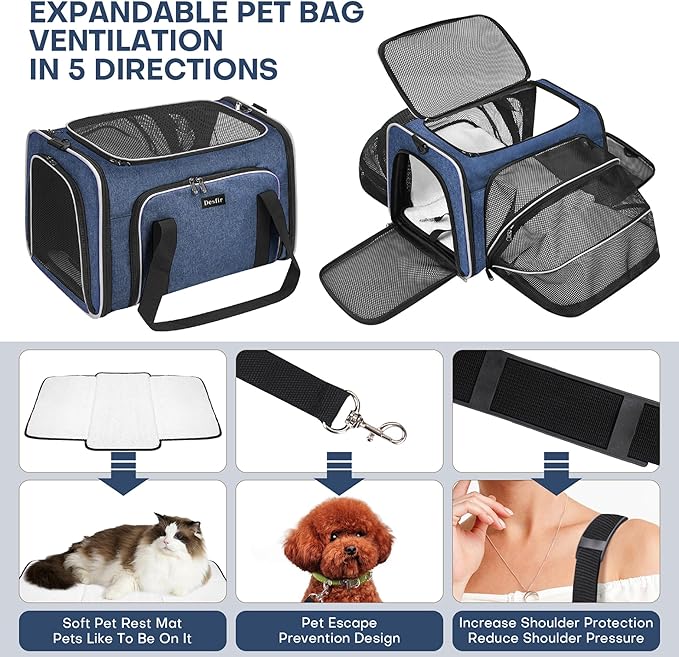 Premium Pet Carrier – Dog & Cat Travel Bag, Airline Approved, Soft-Sided Design for Small to Large Pets, TSA Compliant, Expandable & Collapsible (Blue)