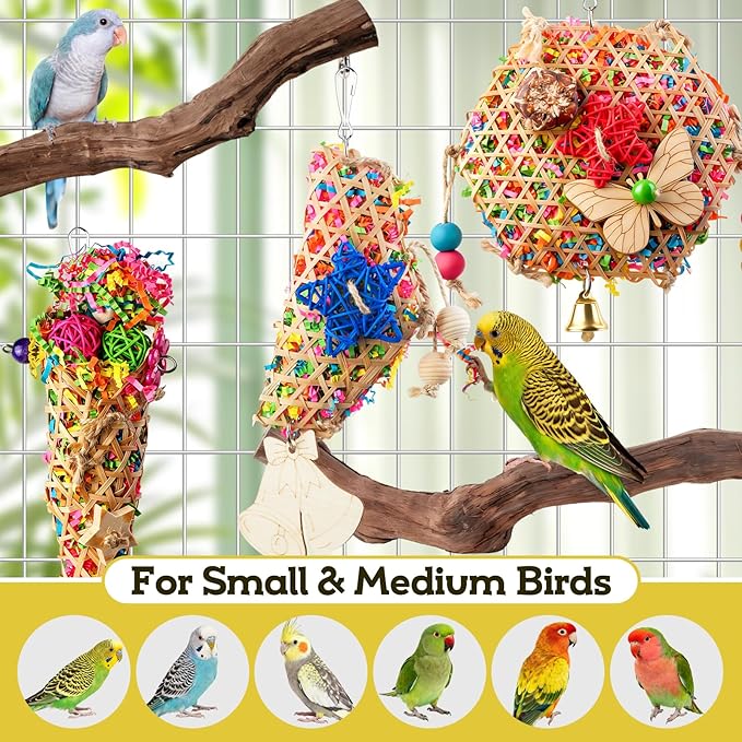 Bird Toys, Parakeet Foraging Toys, Hanging Chewing Toys with Natural Wooden Perches, Bird Cage Accessories, Suitable for Parakeets, Cockatiels, Budgies, Lovebirds & More