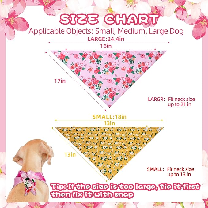 PAWCHIE Spring Dog Bandanas Small Reversible Styles Pet Triangle Scarf Bibs - Adjustable with Two Snaps - Kerchief Set Accessories for Dogs, Puppy, Cats, L