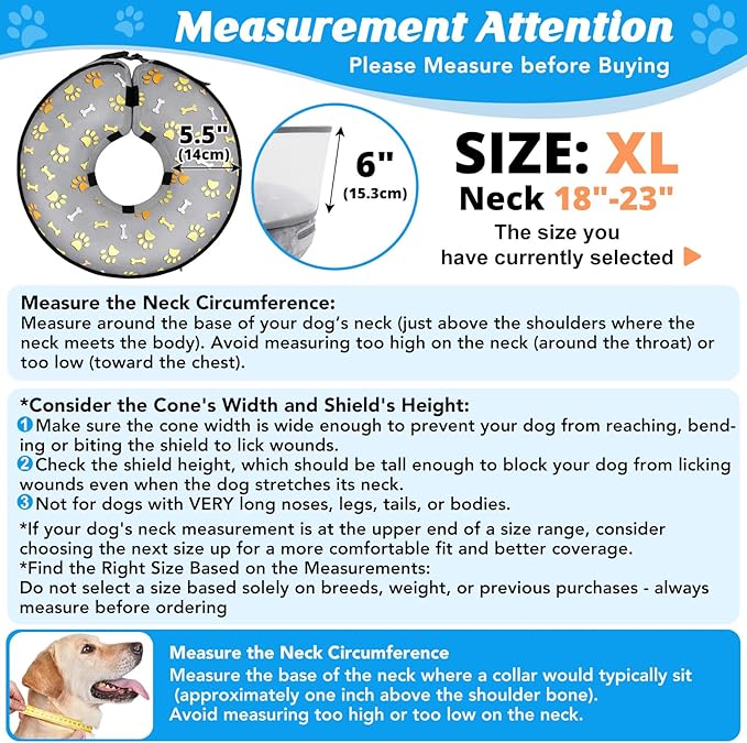 Inflatable Dog Cone with Anti-Licking Clear Shield, Protective Dog Donut Collar After Surgery, Adjustable Soft Recovery Cone for Pets, Alternative Collar with Buckle Strap (Grey Paw, XL)