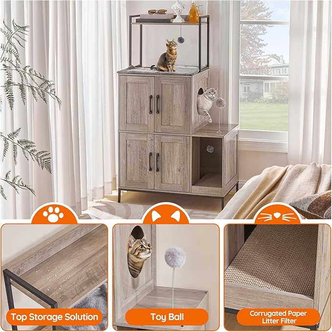 HOOBRO Cat Litter Box Enclosure Furniture, 2 in 1 Hidden Litter Box Furniture with Shelf, Double Litter Box Cabinet with 2 Dangling Plush Balls and 1 Toy Ball, Greige and Black BG78MW01