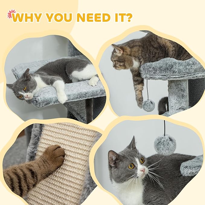 PawHut Floor to Ceiling Cat Tree, 89"-100" Adjustable Height Cat Climbing Tower Activity Center for Indoor Cats with Cat Perch, Condo, Hammocks, Scratching Posts & Ramp, Gray