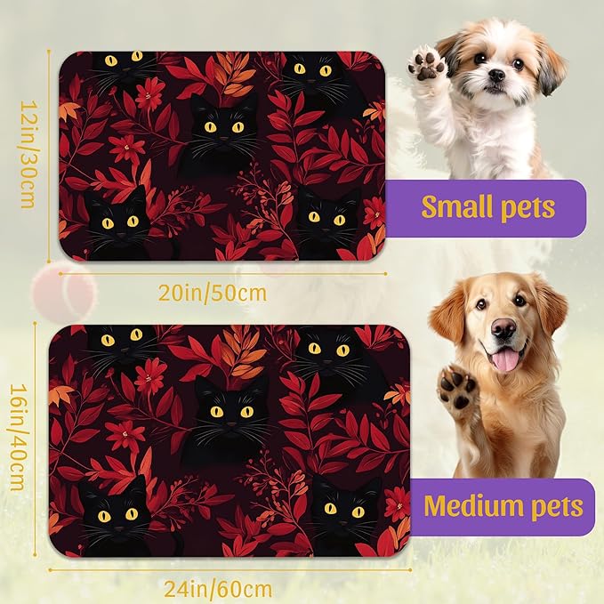 Black Cat Forest Pet Feeding Mat, Fast-Dry Absorbent Dog and Cat Bowl Mat, Waterproof Non-Slip Base for Messy Eaters, Indoor Pet Accessories – 12x20 Inch