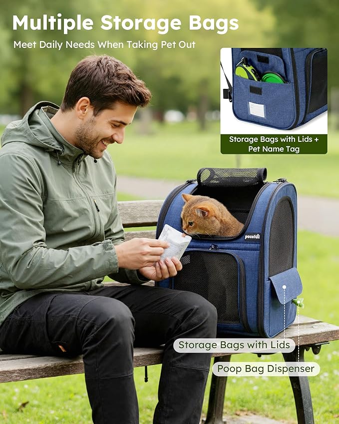 Pecute Cat Backpack Carrier Expandable, Pet Backpack for Cats & Small Dogs Up to 11lbs, with 4-Side Breathable Mesh, Multi-Entry & Lockable Zippers for Travel, Hiking, Camping - Hands Free, Blue