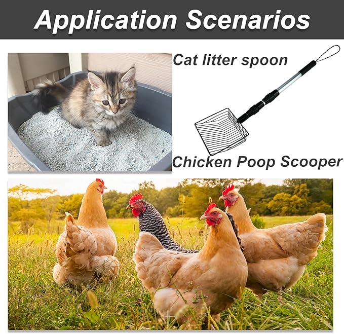 Chicken Poop Scooper 3 in 1 Adjustable Long Handle Litter Metal Scoop Heavy Duty Metal Chicken Poop Scooper Litter Sieving Shovel, Chicken Coop Accessories (22-41.7")