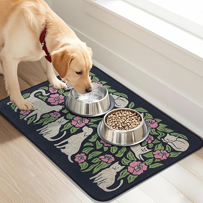 SHIYUE Dog Food Mats for Floors, Absorbent Cat Bowl for Food and Water, Non-Slip Accessories Pet Supplies(12"x20",Black Animal Flower)