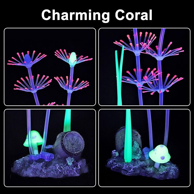 Lpraer 4 Pack Glow Aquarium Decorations Branch Coral Reef Mushroom Seaweed Simulation Glow Plant Glowing Effect Silicone for Fish Tank Decorations
