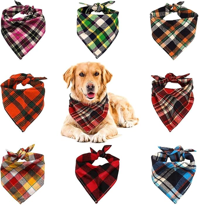8 Pack Triangle Dog Bandanas, Reversible Plaid Painting Bibs Scarf, Washable Christmas Dog Bandanas Boy Girl Apparel & Accessories Kerchief Set