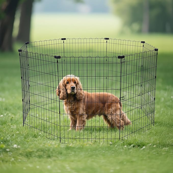 Amazon Basics Portable Foldable Octagonal Metal Exercise Dog Playpen, Indoor/Outdoor Pet Fence, No Door, 8 Panels, Medium, 60 x 60 x 36 inches, Black
