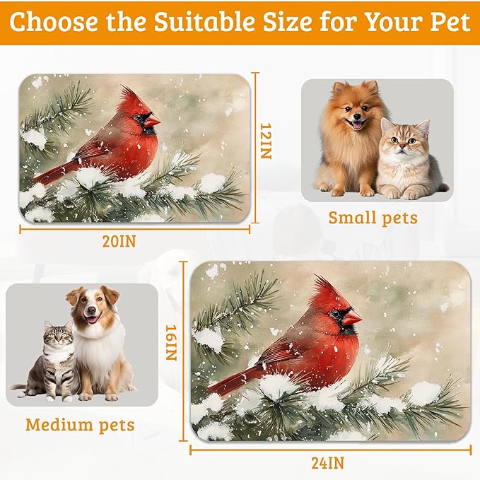 Pet Feeding Mat,Cardinal Bird Absorbent Dog Cat Food Mat Christmas Dog Mat with Rubber Backing,Non-Slip Water Bowl Placemat,Pet Supplies 16" x 24"