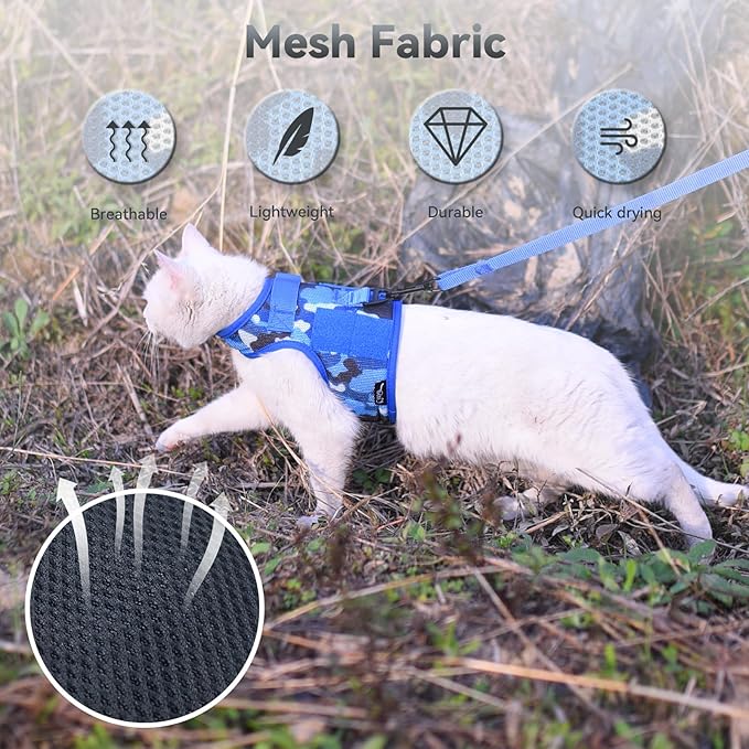 Tactical Cat Harness and Leash for Walking Escape Proof Breathable Mesh Fabric, Ocean Camo, X-Large, Adjustable Cat Walking Jackets, Padded Stylish Cat Vest