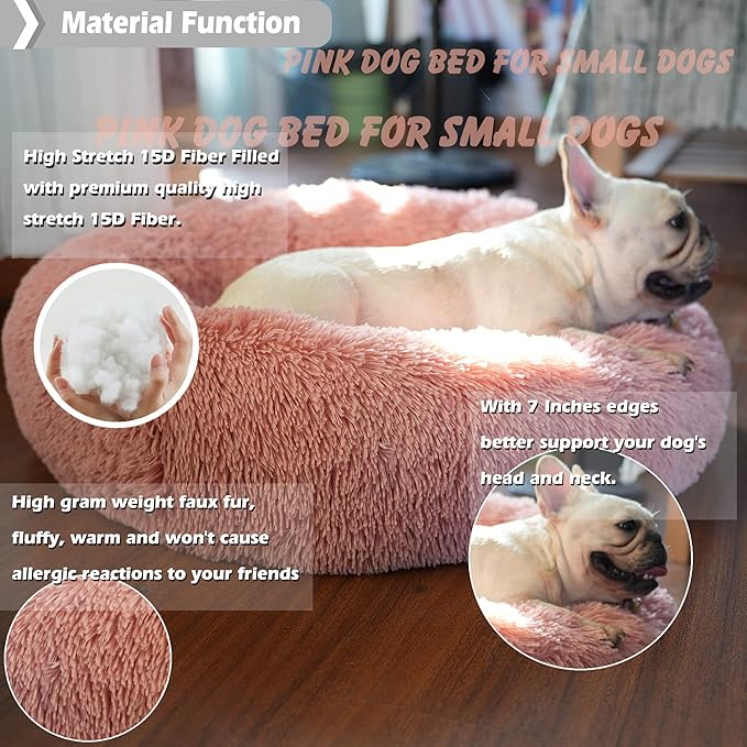 Calming Donut Dogs Beds for Small Dogs Washable,23inch Plush Round Pet Bed for Cozy Sleep,Fluffy Faux Fur Large Cat Bed,Fits up to 25 lbs Pets,Pink
