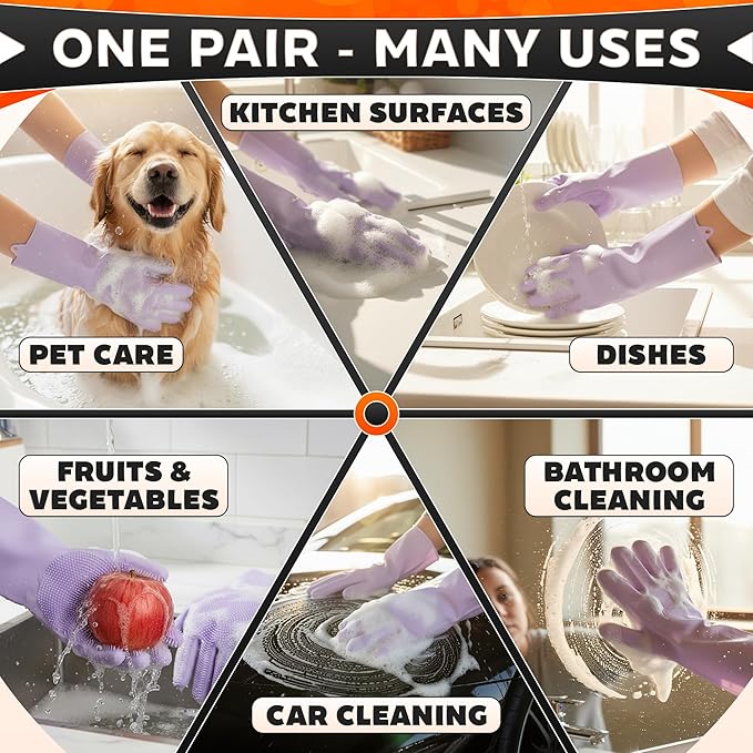 ALPENKOK Silicone Dish Gloves with Scrubbers – Thick Tear-Resistant Dishwashing Gloves – Long-Lasting | Household Use