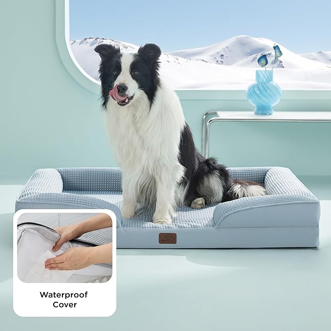 Bedsure Orthopedic Dog Beds Large Sized Dog - Washable Large Dog Cat Bed Waterproof, Comfort Dogs Couch Sofa with Washable Removable Cover, Pet Bed with Nonskid Bottom, Cooling Blue, 35"