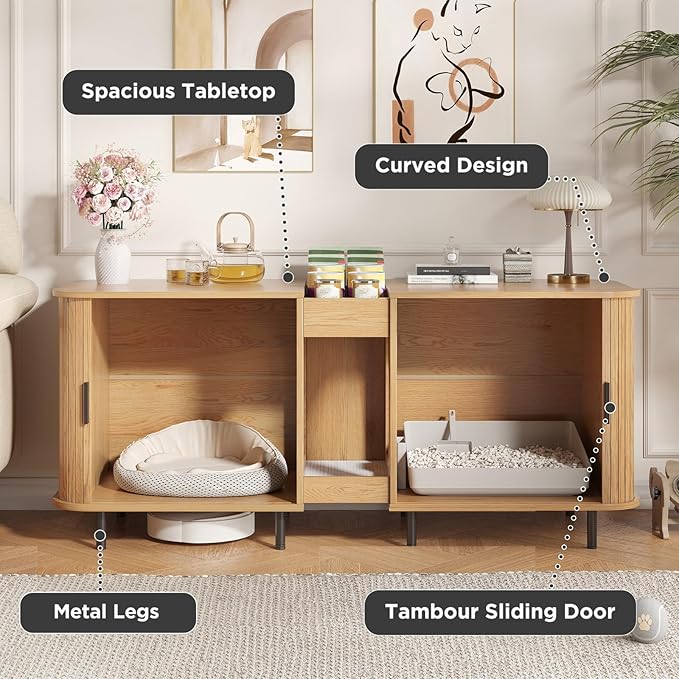 Double Litter Box Enclosure for 2 Cats, 55" Litter Box Furniture Hidden with Cat Scratch Pad, Large Indoor Cat House with Double Room, Wooden Litter Box Cabinet, TV Stand, Natural