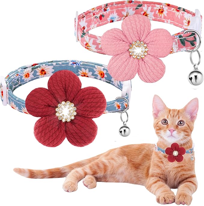 Cat Collar Breakaway, HYQHYX Kitten Collar with Bells, Rhinestone Kitty Collar with Flower for Female Male Cats and Puppy Dog