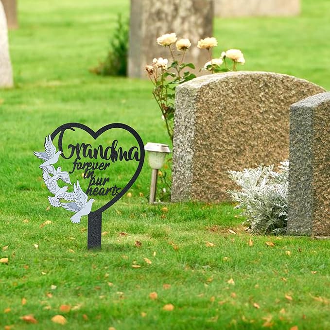 BUoonyer Stake Graves Cemetery Decorations - Grandma Metal Memorial Grave Markers, Grandmother Heart Graveyard Sympathy Plaque, Dove Remembrance Graveside Burial Decor Sign for Outside Yard Garden