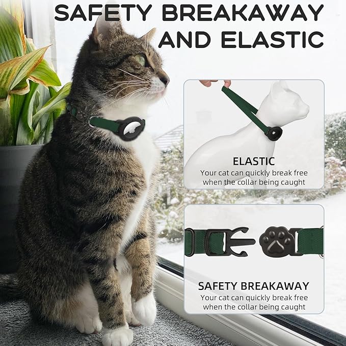 AirTag Cat Collars, Stretchy Collar with Apple AirTag Holder and Bell, Breakaway Ultra Design Elastic GPS Tracking Collars for Cats and Puppies, (7.5-12.5 Inch), Forest Green