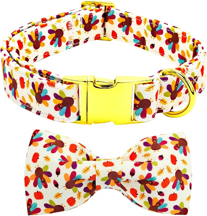 Thanksgiving Dog Collar, Turkey Dogs Collars Bow Tie Pet Collar Adjustable Pet Collars Premium Metal Buckle Autumn Leaf Necklace for X-Small Dogs