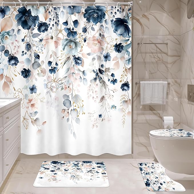 4 PCS Navy Blue Floral Flower Shower Curtain Set 72Wx72H Inch Watercolor Pastel Plant Complete Bathroom Set Non-Slip Bath Rug Toilet Lid Cover and U Shape Mat Accessories 12 Hooks Bathoom Decor