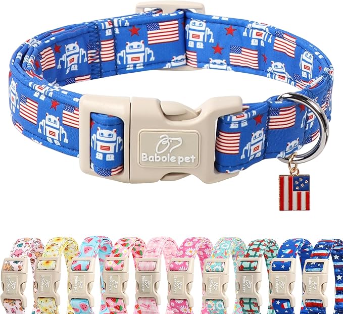 4th of July Dog Collar, Robot Star-Spangled Patriotic Dog Collars for Medium Dogs, Adjustable Lightweight Quick-Release Buckle Collar for Boy&Girl Dogs M