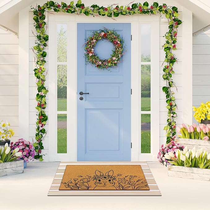 Tinideya 2 Pcs Easter Day Door Mat Welcome Outdoor Non Slip Coir Mats Flower and Bunny Floor Layering Doormats Seasonal for Front Porch Entryway Decor (Easter Bunny)