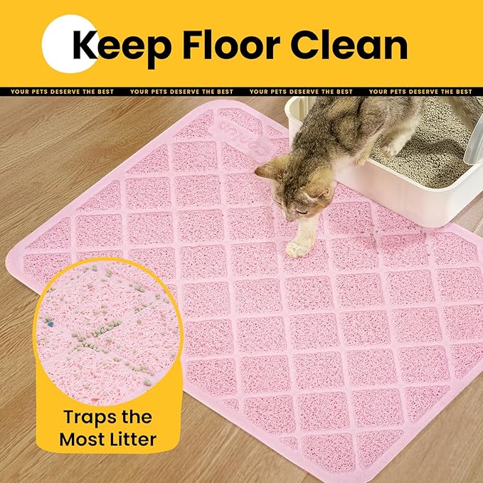 Cat Litter Mat Litter Trapping Mat, 35" x 23" Premium Durable PVC Grid Mesh with Scatter Control, Non-slip, Less Waste Cat Litter Box Mat, Pink