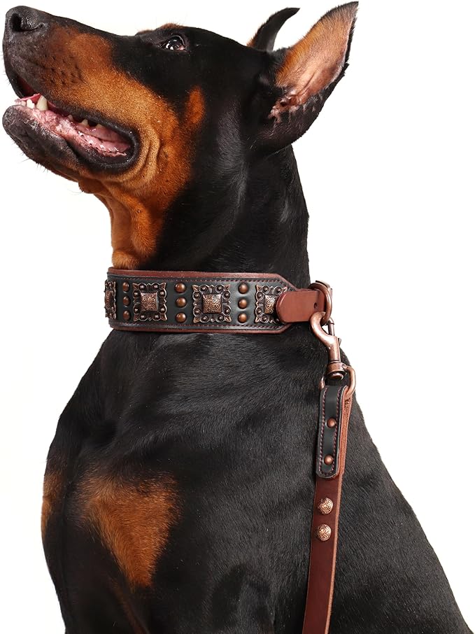 PET ARTIST Upgrade Padded Leather Dog Collar, 2 inch Wide Genuine Leather Dog Collars with Strong Studded Rivet & Metal Buckle, Adjustable Large Dog Collar for Pit Bull Doberman,Black,Neck 19-22"