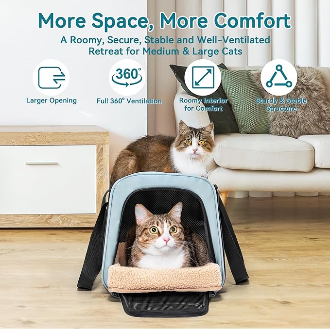 PETSFIT Large Cat Car Carrier with Patented Safety Buckles(19 x 12 x 12) – Roomy Escape-Proof for Safe Driving, Lockable Zippers & Safety Tether, Soft-Sided Travel Carrier for Road Trips & Vet Visits