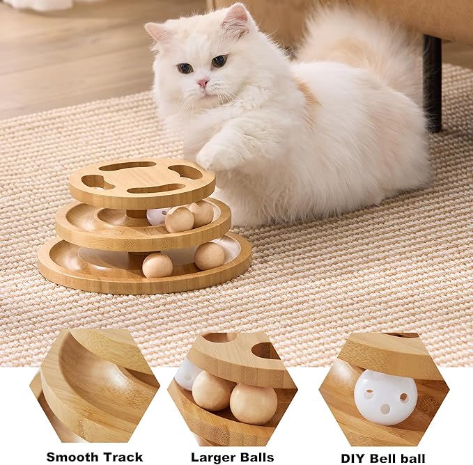 Cat Ball Track Toy with Puzzle Top, Wooden Cat Toys for Indoor Cats with Spinning Balls, Interactive Large Cat Ball Tower for Kitten Kitty Exercise Mental Physical