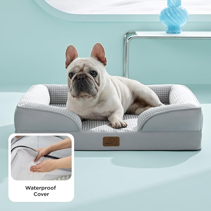 Bedsure Orthopedic Dog Bed Medium Size Dogs - Washable Medium Dog Cat Bed Waterproof, Comfort Pet Couch Sofa with Washable Removable Cover, Pets Bed with Nonskid Bottom, Cooling Grey, 28"