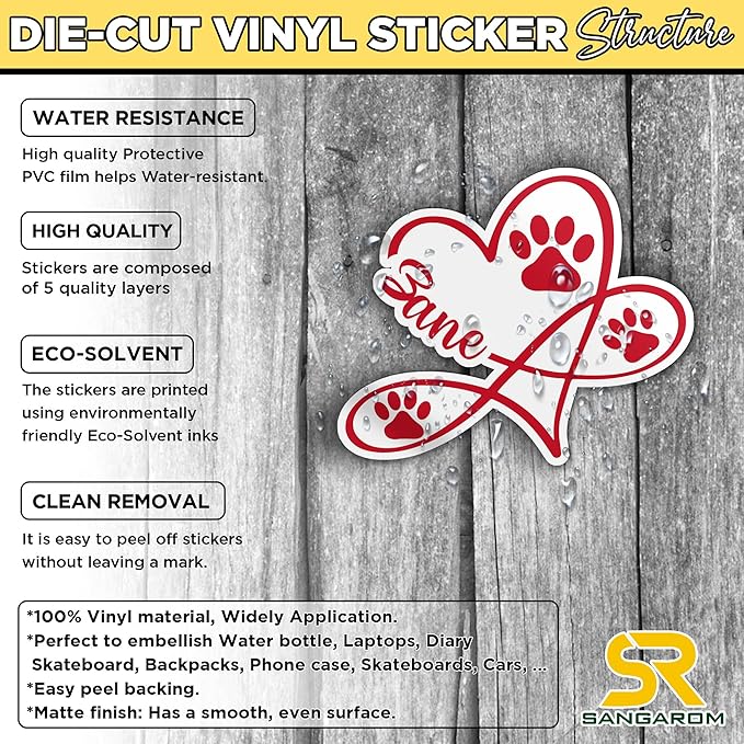 Custom Paw Pet Sticker Personalized Heart Name Pet Paw Cat and Dog Lover Waterproof Vinyl Sticker for Water Bottle Laptop Hard Hat Tumbler Cup Cars Birthday Gift for Her Him