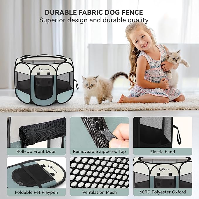 Dog Cat Playpen, Puppy Pet Playpen Indoor for Small Dog Crate Tent Cage Outdoor, Portable Pop Up Dogs Enclosure Kennel with Carrying Case for Dogs/Cats/Rabbits(Grey, Small
