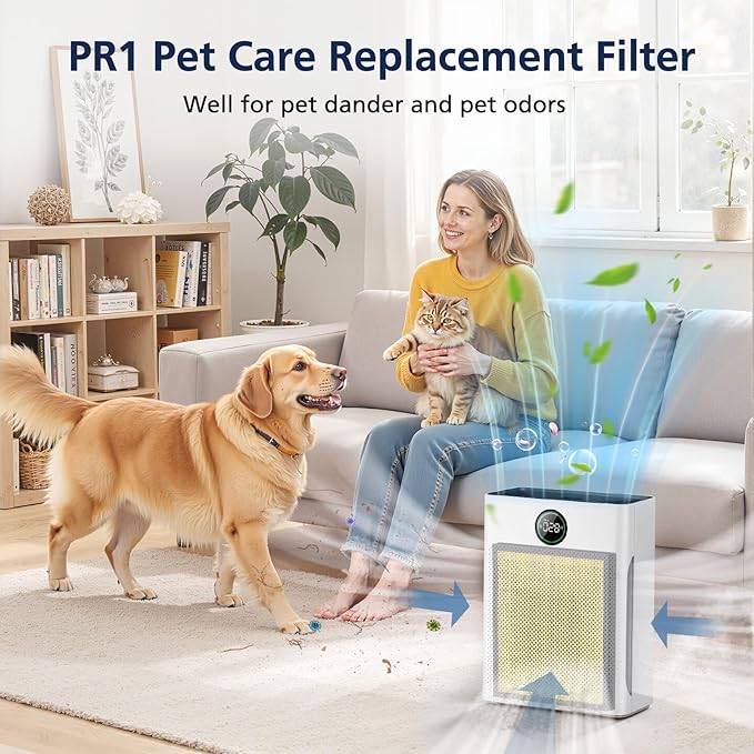 PR1 Replacement Filter for Mooka PR1 Air Purifier for Home Large Room up to 2200sq.ft, 2 Pack 3-in-1 HEPA Activated Carbon, with 4Pcs Washable Filter for Pets, PM 2.5, Yellow