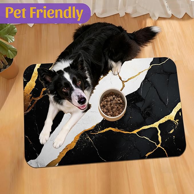 Black Gold Marble Dog and Cat Food Mat, Absorbent Feeding Placemat, Waterproof Non-Skid Rubber Backing, No Stains Pet Supplies – 16x24 Inch