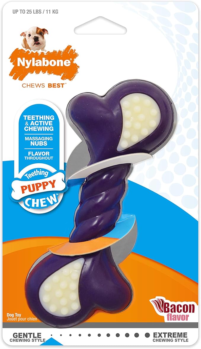 Nylabone Double Action Bone Puppy Chew Toy, Rubber Teething Toys for Puppies, Puppy Chew Bone, Bacon Flavor, Small Dogs - Up to 25 lbs., 1 Count