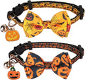 ADOGGYGO Halloween Cat Collars with Bow Bell, Black Orange Pumpkin Bowtie, Breakaway Halloween Collars for Cats Kittens