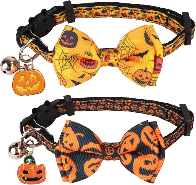 ADOGGYGO Halloween Cat Collars with Bow Bell, Black Orange Pumpkin Bowtie, Breakaway Halloween Collars for Cats Kittens