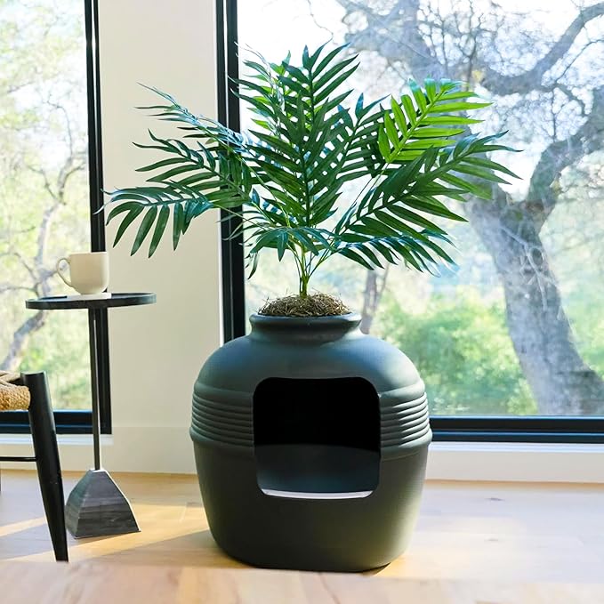 Good Pet Stuff Hidden Litter Box Planter, Decorative Cat Litter Enclosure with Carbon Filter, Artificial Plant, Easy Clean, Indoor Design, Original Round Style, Essentials Kit, Black Suede