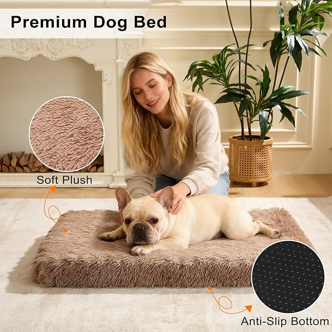 Fluffy Orthopedic Dog Beds for Puppy/Cats with Washable Removable Cover Dog Crate Bed Egg Crate Foam Support Plush Pet Pad Mat with Anti-Slip Bottom (24 * 16,Khaki)