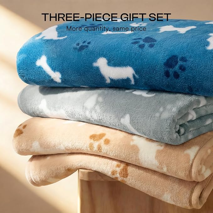 Luciphia 1 Pack 3 Dog Printed Fleece Pet Blankets Washable，Soft Warm Throw Covers for Crate Couch Bed，Cozy Puppy Essentials for Dogs and Cats， Blue/Grey/Khaki, Large (41x31 inch)