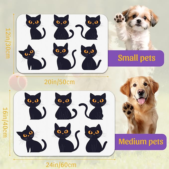 Cute Black Cats Pet Feeding Mat, Absorbent Dog and Cat Bowl Pad, Fast Dry, Non-Slip Back – 12x20 Inch