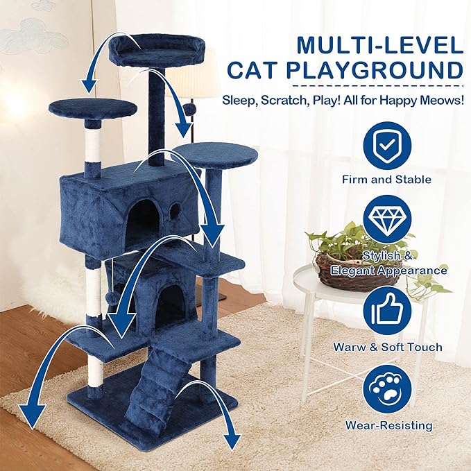 Heavy Duty Cat Tree Tower, 54" Tall Cat Tower for Indoor Cats with Cat Scratching Post with Bed, Cat Condo, Hanging Ball, Multi-Level Cat Climbing Tower Cat Trees Furniture Activity Center, Navy Blue