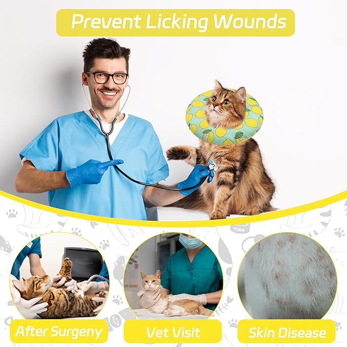 Cat Cone Collar Soft, Adjustable Cat Recovery Collars Kitten Cones to Stop Licking, Cute Donut Neck Collar After Surgery, Elizabethan Collar for Cats After Spay (Green Lemon, Small)