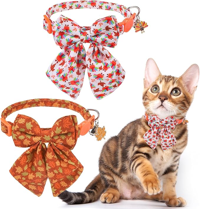 SCENEREAL Fall Cat Collar with Bell & Stylish Bowtie, Turkey Maple Leaf Pattern Breakaway Cat Collars Accessories for Boy Girl Small Cats, Holiday Thanksgiving Kitten Costumes for Female Male Pets