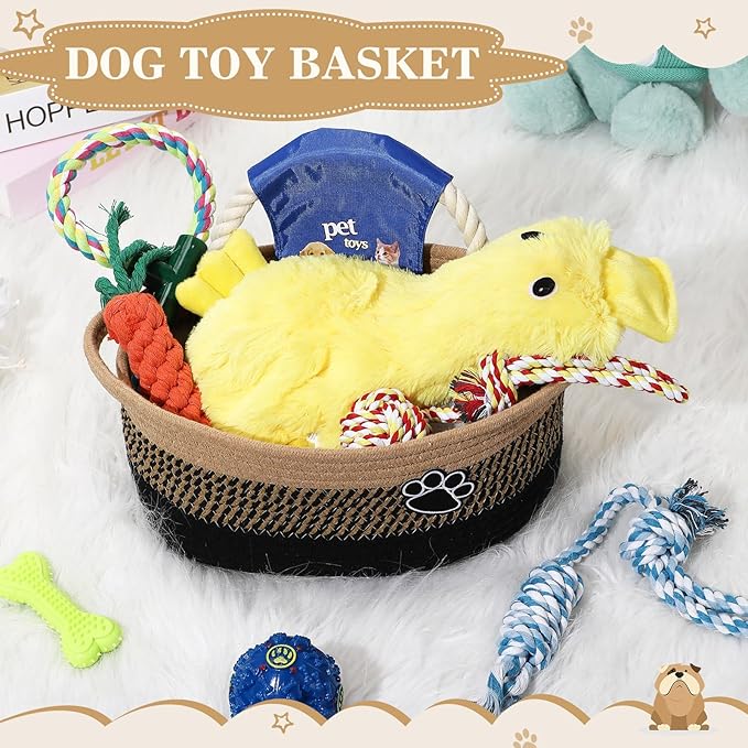 Zopeal Puppy Dog Toy Gift Storage Basket with Dog Toys Set Chew Toys Birthday Gift Basket Teething Interactive Squeaky Duck for Teething Small Medium Large Dogs(Black)