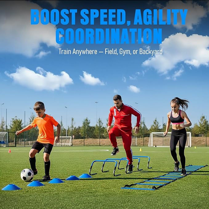 Agility Ladder, Soccer Football Training Equipment Set - 20ft Speed Ladder, 4 Hurdles,Parachute, 12 Cones & Jump Rope | Agility & Speed Training for Kids Youth Adults,Basketball & Football Accessories