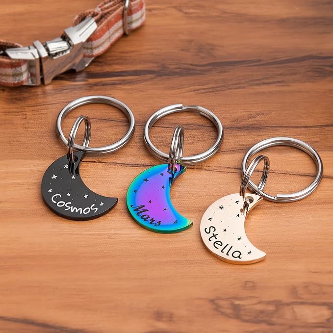 Anavia Small Size Dog Cat ID Tags, Small/XS Personalized Color Plated Stainless Steel Puppy Kitten Name Tags, Customized Engraved Nameplate Pet Collar Tag (Silver, Moon)