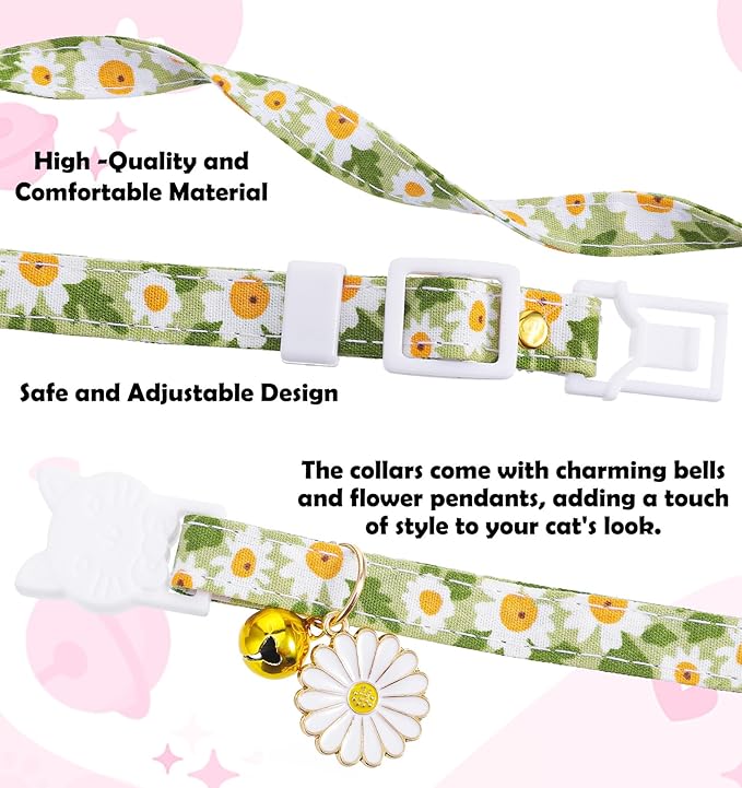 2 Pack Cat Collar Breakaway, Daisy Collar for Girl Cats, Adjustable Breakaway Cat Collars with Bell, Cute Floral Design Perfect for Female Kitten, 7.5-11 Inch, Pink & Green