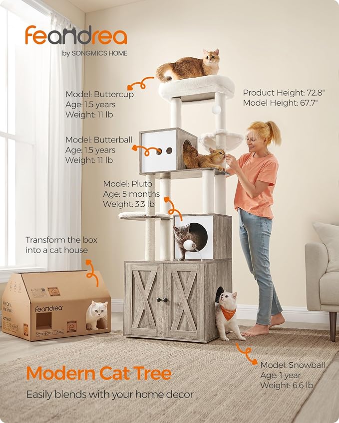Feandrea Cat Tree with Litter Box Enclosure, 70.1-Inch Tall Cat Tower, 2-in-1 Modern Condo with Scratching Posts, Perch, Caves, Basket, Washable Cushion, Heather Greige UPCT116G01